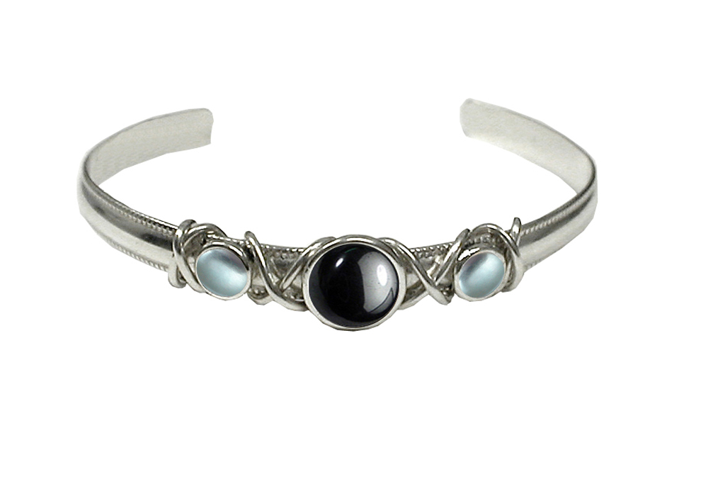 Sterling Silver Hand Made Cuff Bracelet With Hematite And Blue Topaz